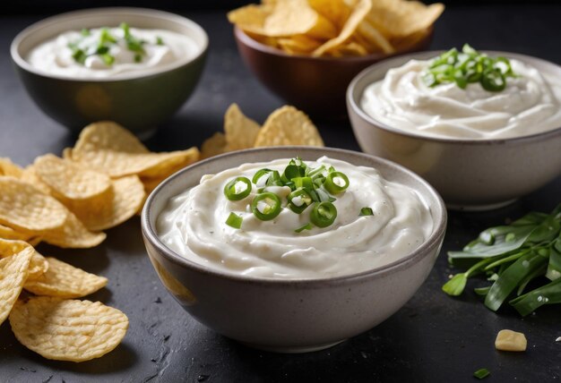 Photo bowls of tasty sour cream accompanied by sliced green onions and potato chips