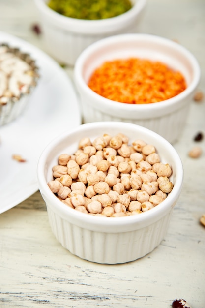 Bowls of various beans and legumes.