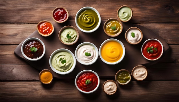 Photo bowls of various dip sauces on wooden background top view with copy space