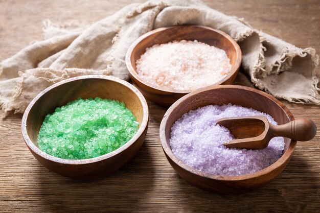 Bowls of various salt types for spa