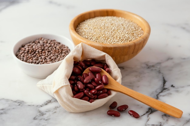 Bowls with beans on table