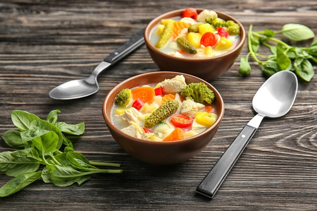 Photo bowls with delicious turkey soup on wooden table