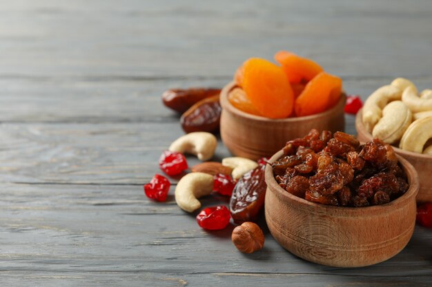 Bowls with dried fruits and nuts