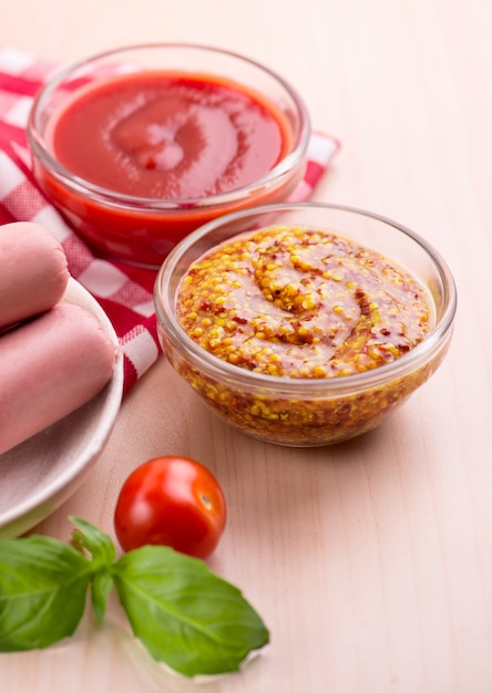 Bowls with ketchup and dijon mustard close-up and milk sausages