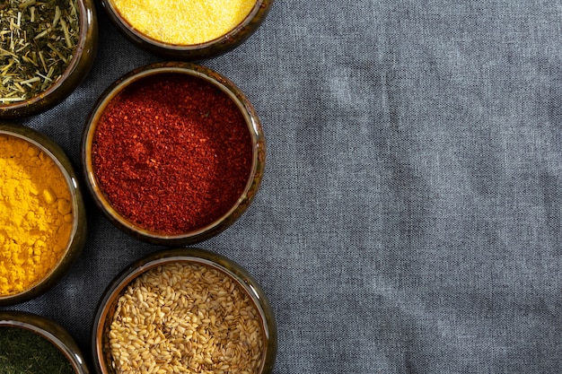 Photo bowls with spices arrangement above view