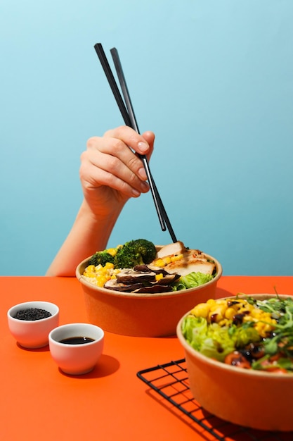 Bowls with tasty and nutritious food delicious homemade lunch