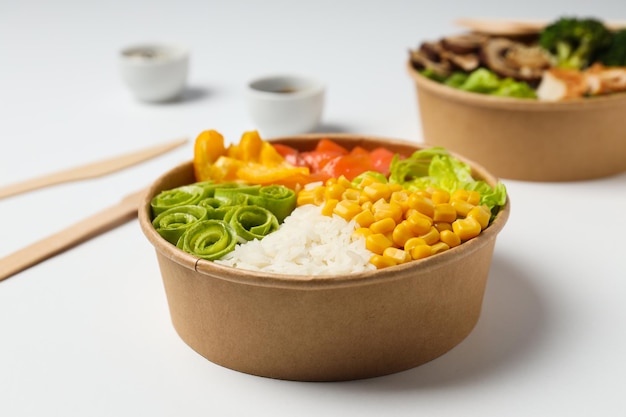 Bowls with tasty and nutritious food delicious homemade lunch