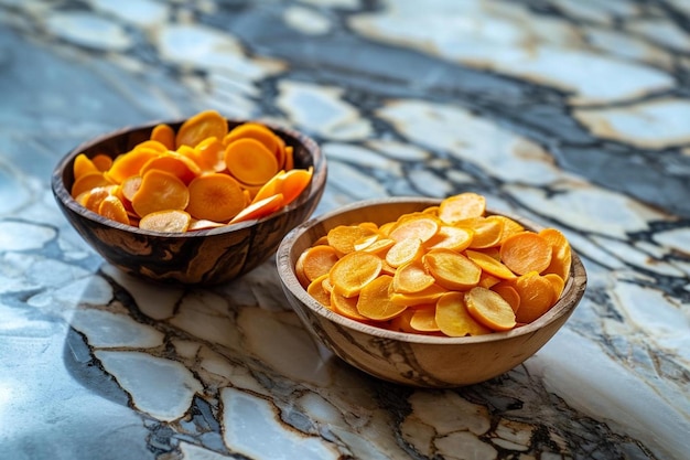 Bowls of yellow peas and pumpkin seeds on marble