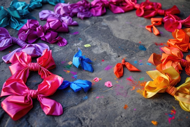 Bows of colorful Holi power arranged on floor