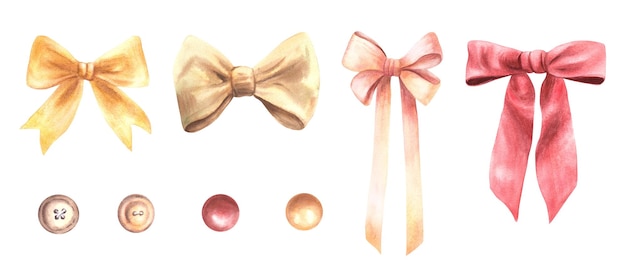 bows ribbons and buttons set vintage red beige pink gold rosa pastel coloured elements watercolor