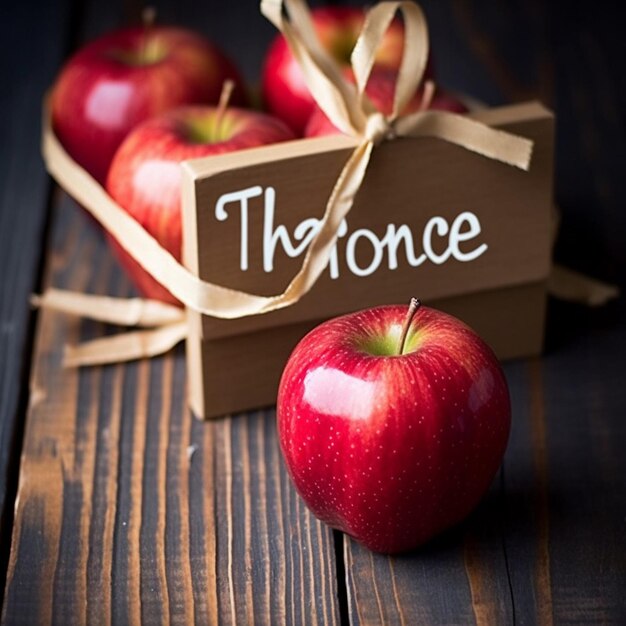 "사과"라고 적힌 나무 간판이 달린 사과 상자.