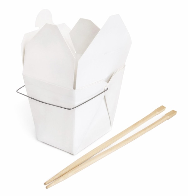 Box of Asian food to go with chopsticks