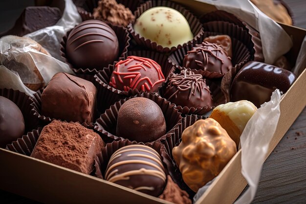 Box of assorted chocolate truffles in various shapes and sizes