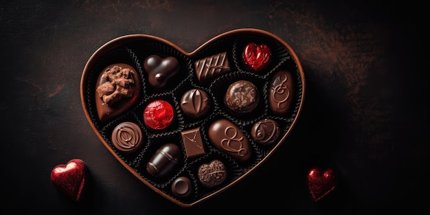 Photo box of assorted chocolates in the shape of heart on dark background sweets candyzzzz and chocolate