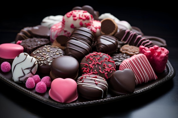 Box of assorted chocolates with red roses on wooden background