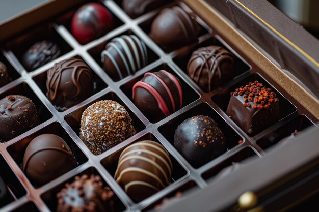 Photo a box of assorted chocolates with a variety of flavors and colors