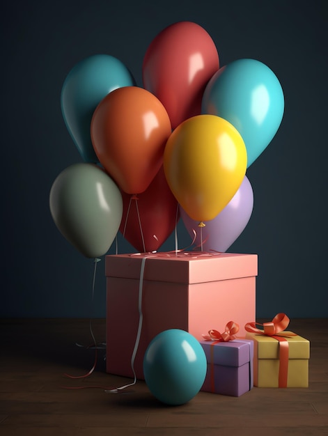 A box of balloons sits on a wooden table next to a gift box and a gift box with a ribbon tied to it.