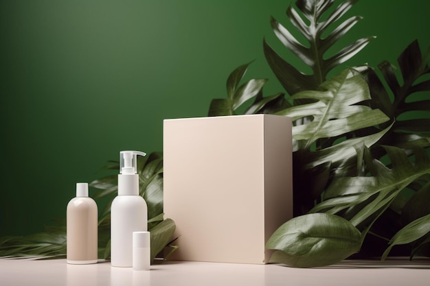 A box of bath products with a plant behind it.