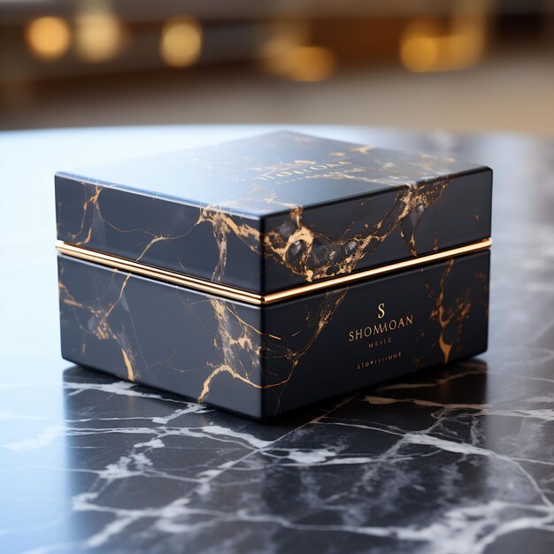 a box of a brand new perfume sits on a marble table.