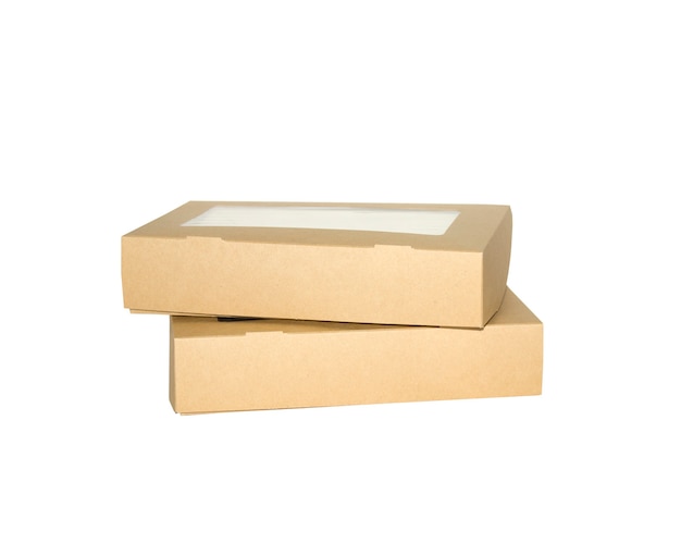 Коробка коричневое окно Квадратная форма, вырезанная Шаблон упаковки, пустая коробка из крафт-бумаги, картон, изолированный белый фон, коробки из крафт-бумаги, натуральный материал, подарочная коробка, коричневая бумага из промышленной упаковки.