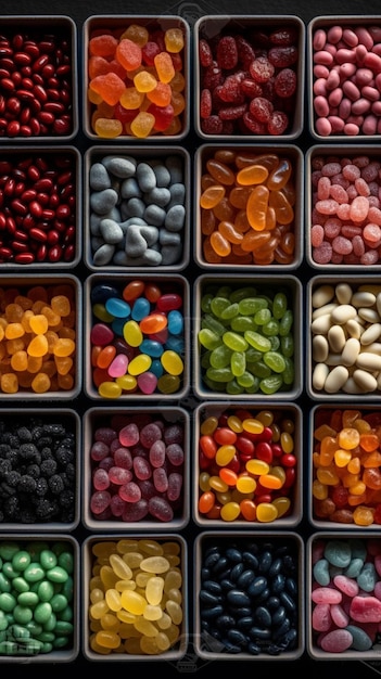 A box of candy sits in a row with other containers of jelly beans.