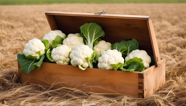 Photo a box of cauliflowers in a field