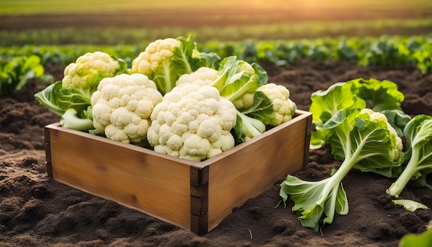 a box of cauliflowers is in the field