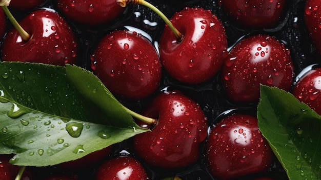 A box of cherries with a green leaf on it