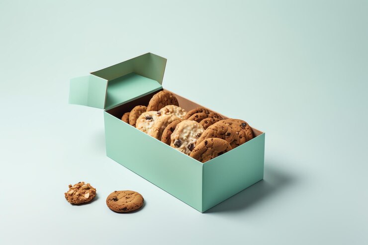 A box of chocolate chip cookies sits on a blue table.