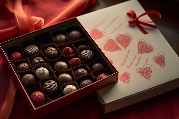 Photo box of chocolate sweets for valentines day by generative ai