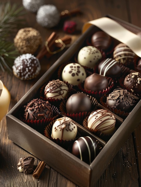 A box of chocolates placed on top of a wooden table showcasing a sweet treat awaiting consumption