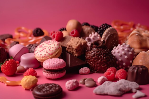 A box of chocolates and sweets with a pink background