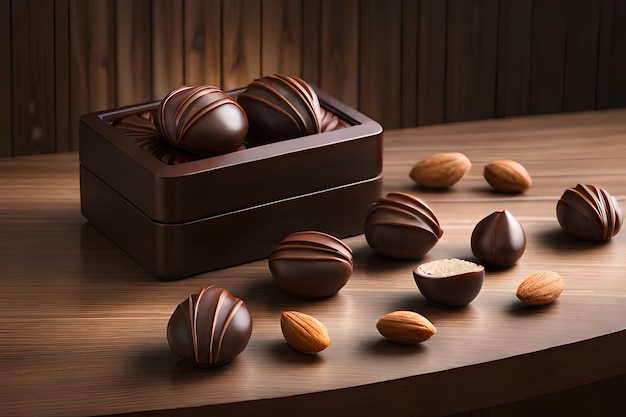 A box of chocolates with almonds on a table