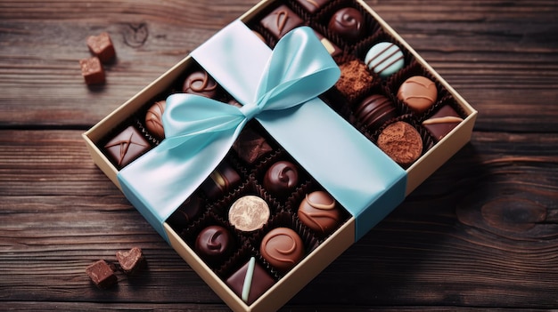 A box of chocolates with a blue bow is on a wooden table.