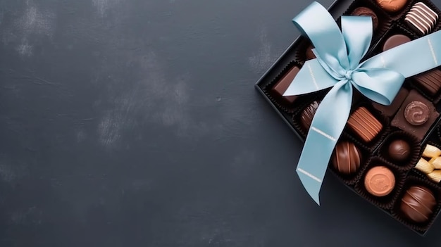 A box of chocolates with a blue ribbon on a black background