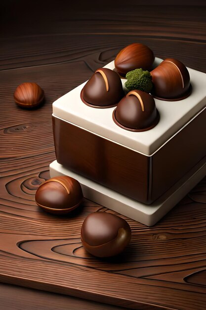 A box of chocolates with a green leaf on top.