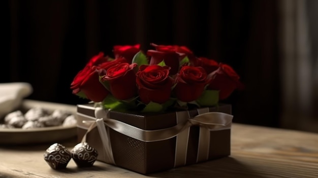 Box chocolates with red flowers