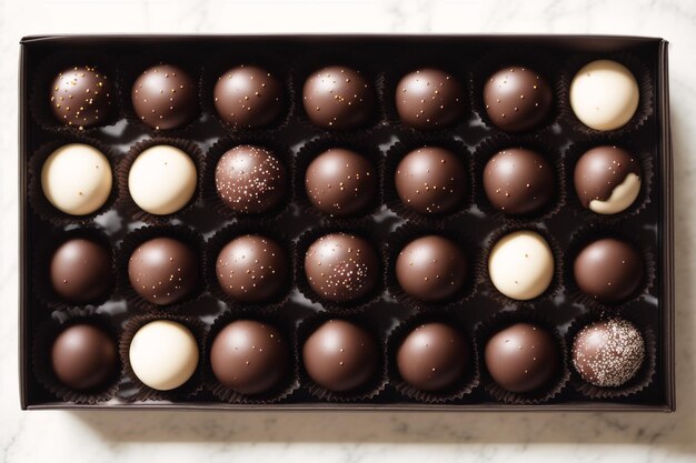 A box of chocolates with white sprinkles on them.