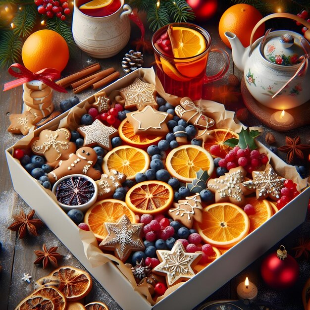 A box of Christmas cookies of wonderful orange and blueberry fruits