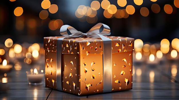 A box of christmas lights on a tile floor with a white bow