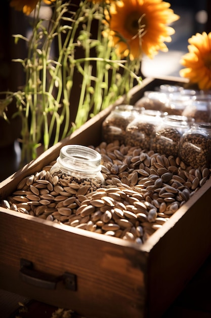 a box of coffee beans and sunflower seeds