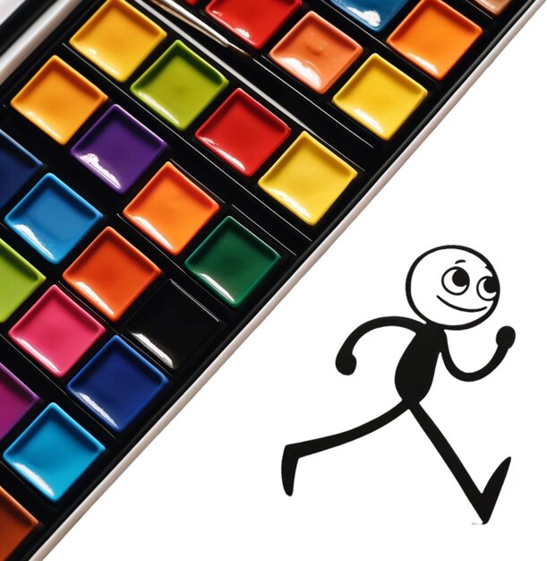 a box of colored blocks with a cartoon man walking in front of them