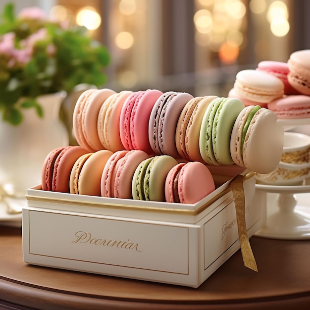 a box of colorful macarons sits on a table