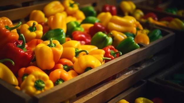 A box of colorful peppers is displayed in a store.