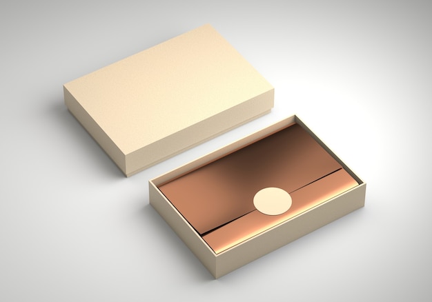 Box container with golden wrapping paper blank template, 3d render