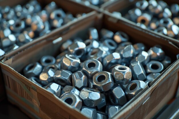 a box containing hundreds of shiny hex nuts