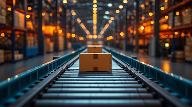 a box on a conveyor belt in a warehouse