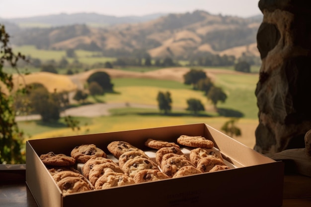 Box of cookies and biscotti with view of rolling hills in the distance created with generative ai