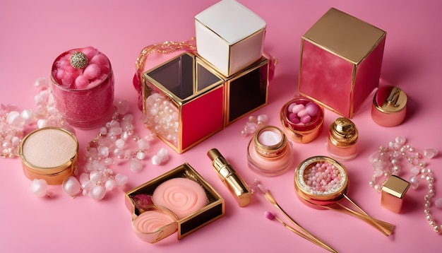 коробка косметики рядом с розовой коробкой с коробкой розового помады