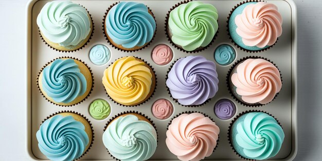 A box of cupcakes with different colors and the word cake on it.